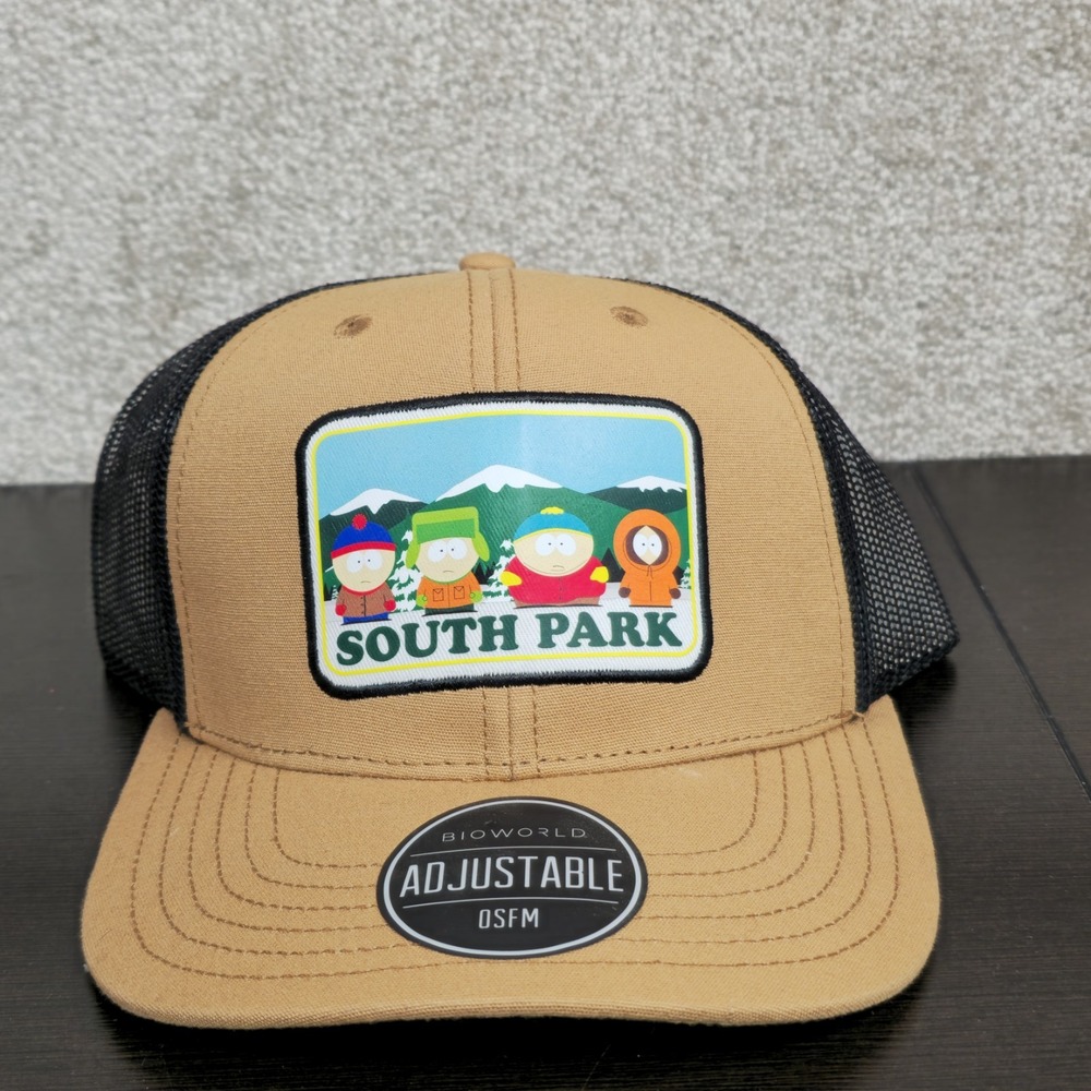 South Park‎ SnapBack Baseball Trucker's Hat Headwear Vented Mesh Black Tan NEW